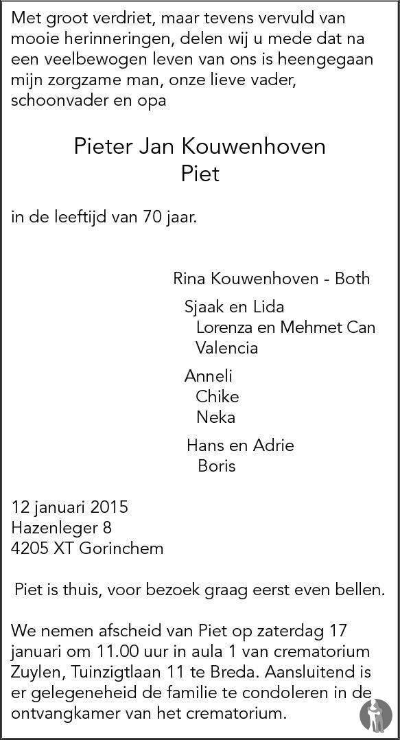 Pieter Jan (Piet) Kouwenhoven 12012015 overlijdensbericht en