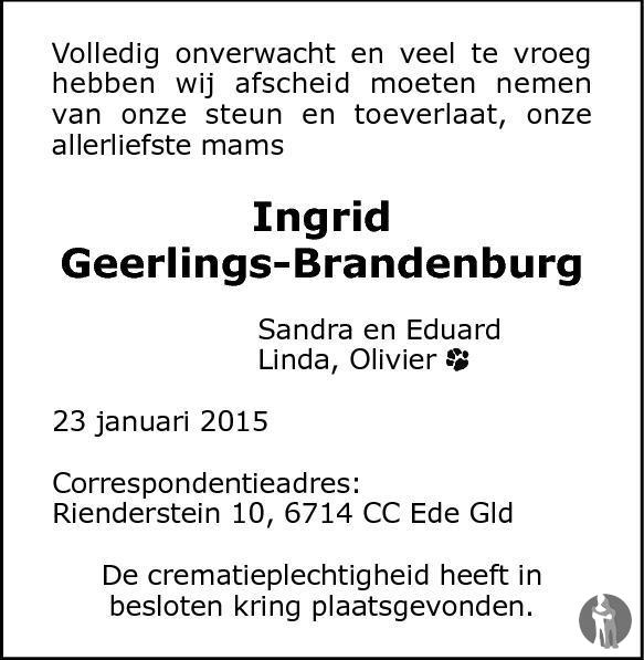 Ingrid Geerlings Brandenburg 23012015 overlijdensbericht en