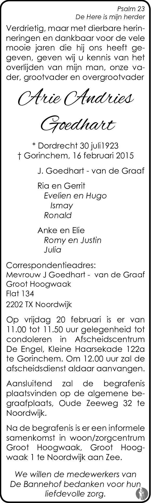 Arie Andries Goedhart 16022015 overlijdensbericht en condoleances