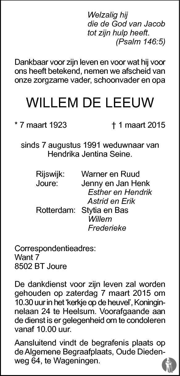 Willem de Leeuw 01-03-2015 overlijdensbericht en condoleances ...