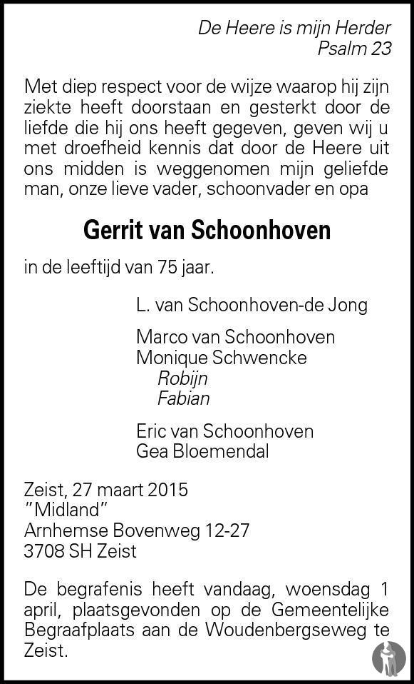 Gerrit van Schoonhoven 27-03-2015 overlijdensbericht en condoleances ...