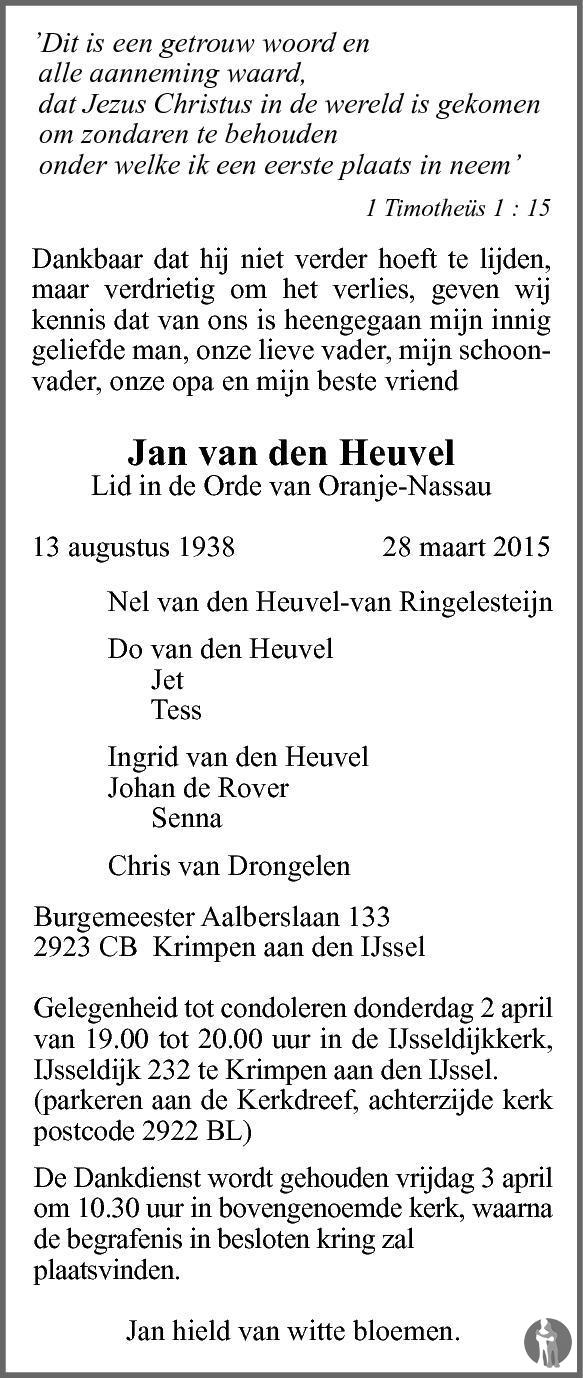 Jan van den Heuvel 28-03-2015 overlijdensbericht en condoleances ...