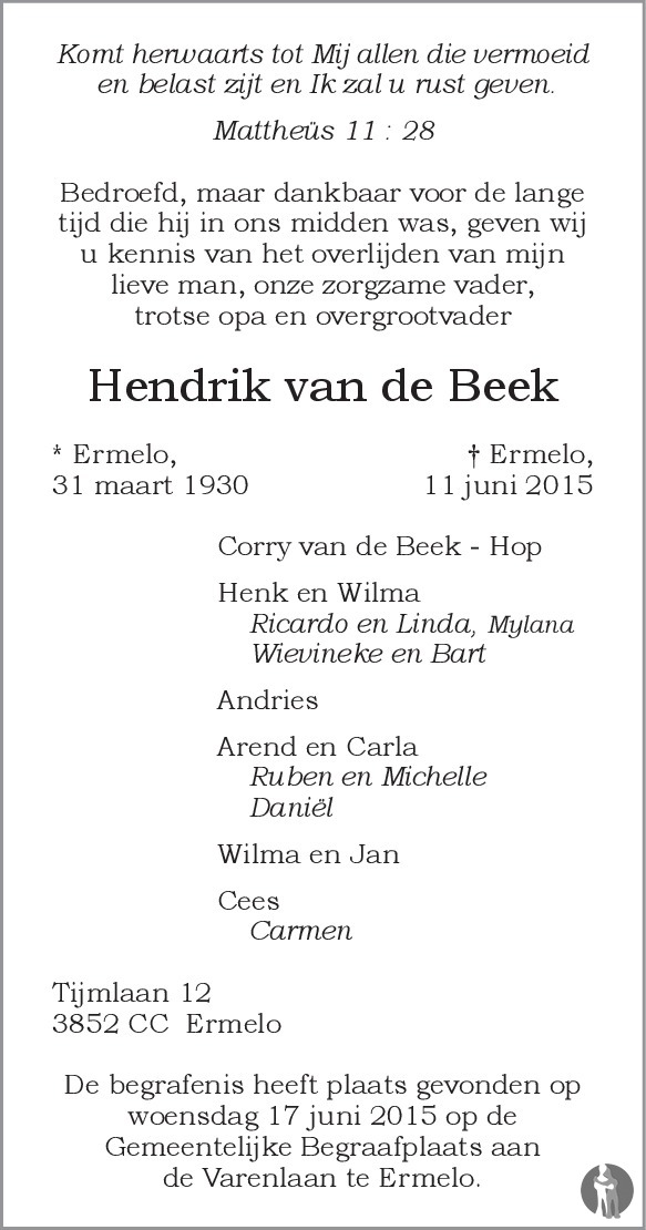 Hendrik van de Beek 11062015 overlijdensbericht en condoleances