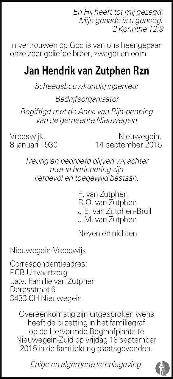 Jan Hendrik van Zutphen 14-09-2015 overlijdensbericht en condoleances ...