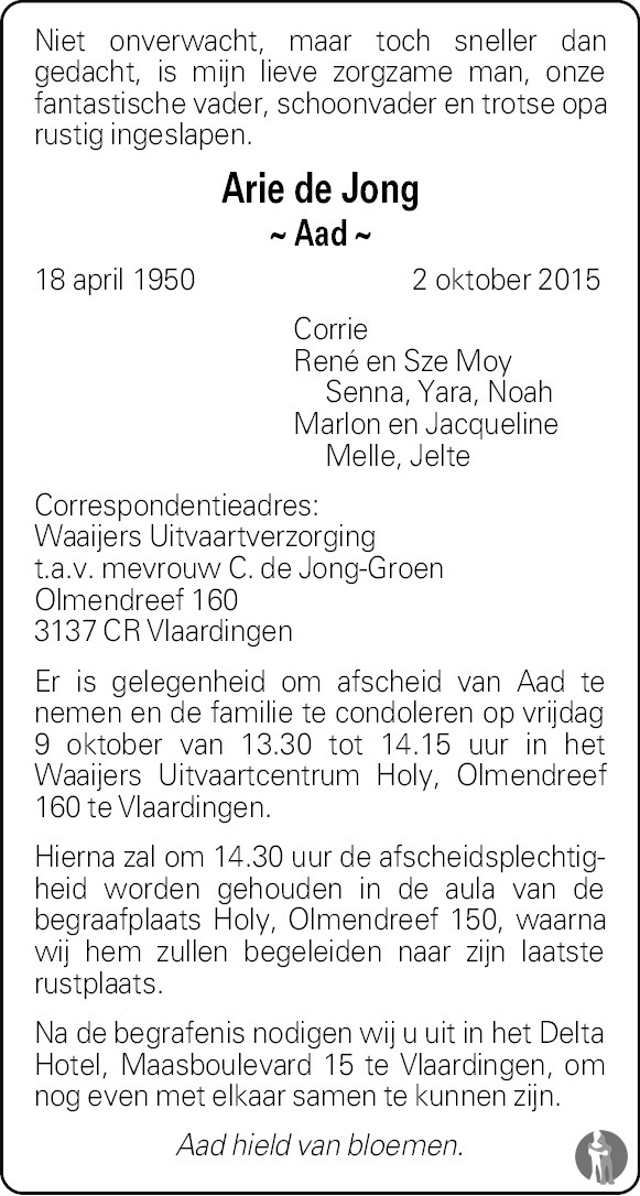 Arie (Aad) de Jong 02102015 overlijdensbericht en condoleances
