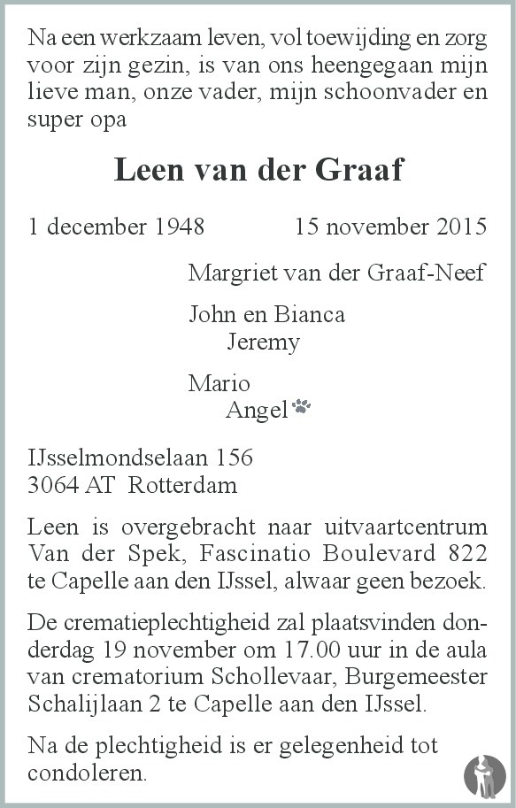 Leen van der Graaf 15-11-2015 overlijdensbericht en condoleances ...