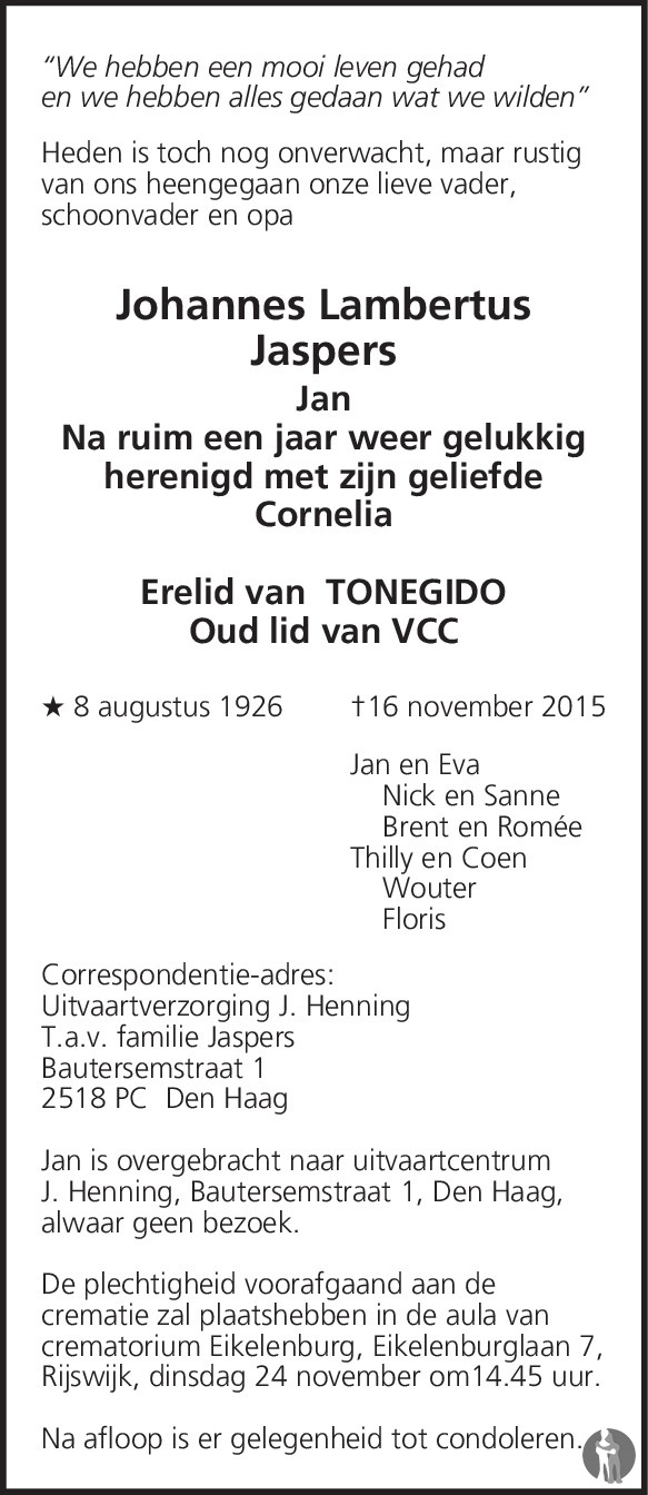 Johannes Lambertus (Jan) Jaspers 16112015 overlijdensbericht en