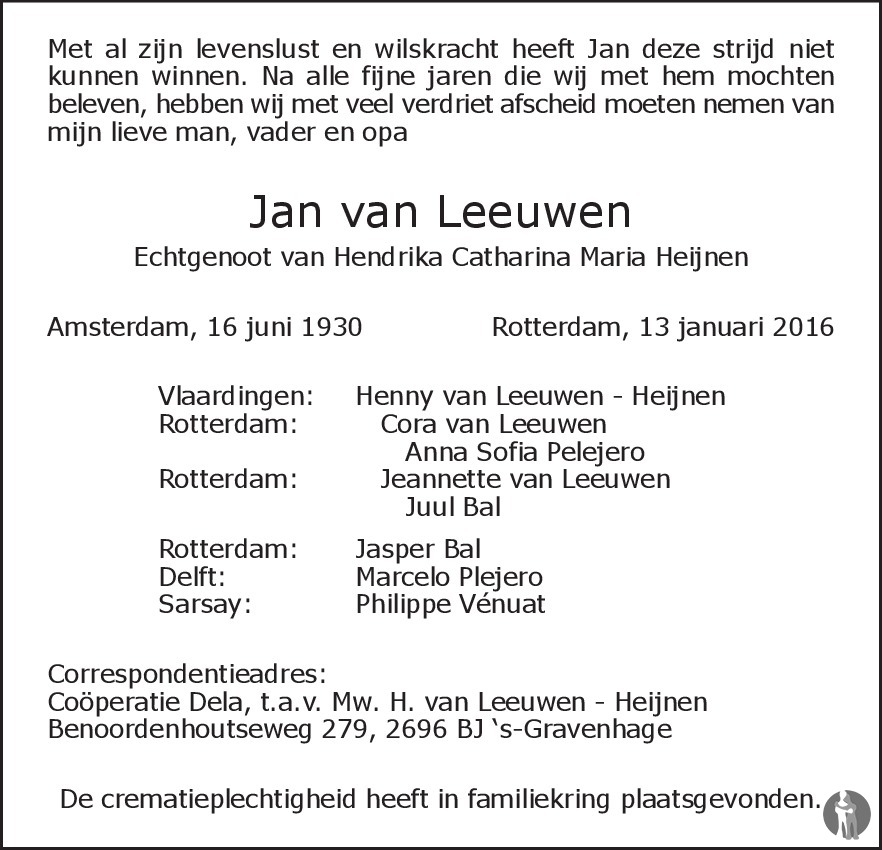 Jan van Leeuwen 13-01-2016 overlijdensbericht en condoleances ...