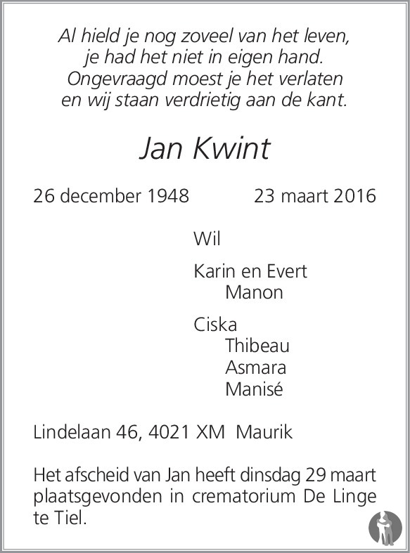 Jan Kwint Overlijdensbericht En Condoleances Mensenlinq Nl My XXX Hot Girl