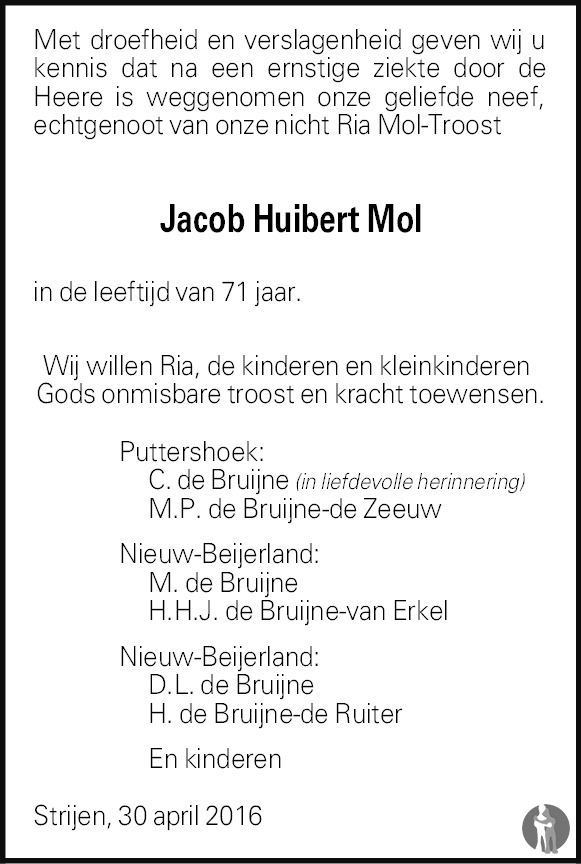 Jacob Huibert (Jaap) Mol 30042016 overlijdensbericht en condoleances