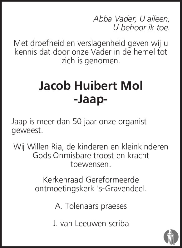 Jacob Huibert (Jaap) Mol 30042016 overlijdensbericht en condoleances