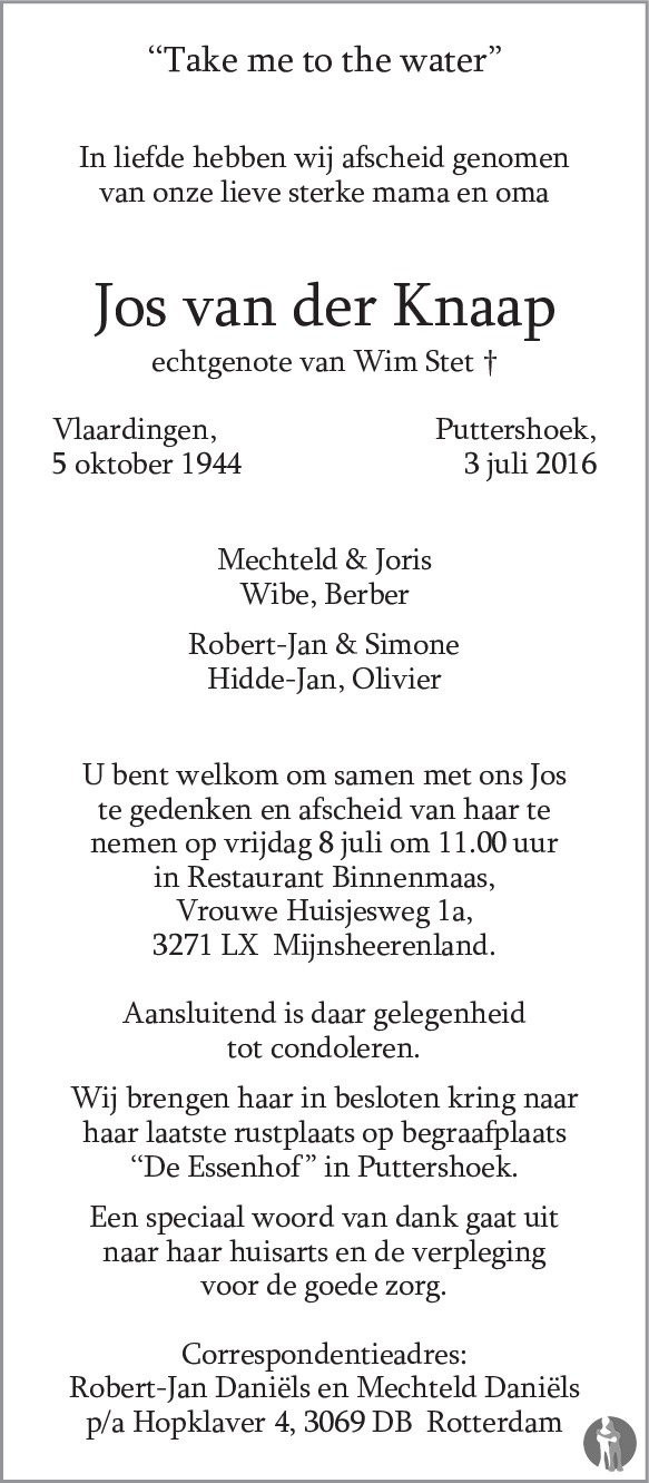 Jos van der Knaap 03072016 overlijdensbericht en condoleances Mensenlinq.nl