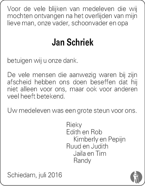Jan Schriek ✝ 08-05-2016 Overlijdensbericht En Condoleances - Mensenlinq.Nl
