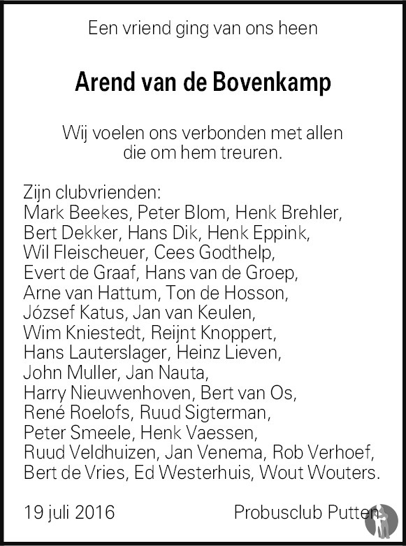 Overlijdensbericht van  Arend van de Bovenkamp in Puttens Weekblad