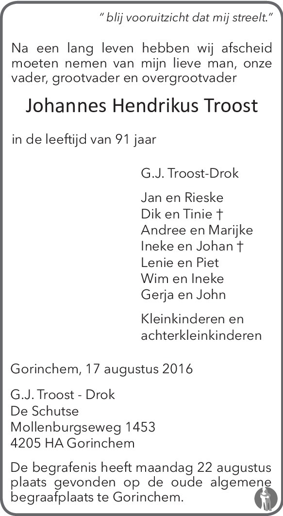 Johannes Hendrikus Troost 17082016 overlijdensbericht en condoleances