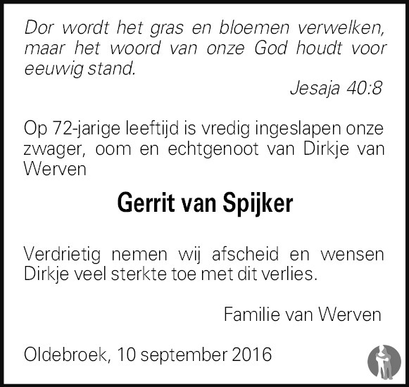 Overlijdensbericht van Gerrit van Spijker in Huis aan Huis Elburg Oldebroek Nunspeet