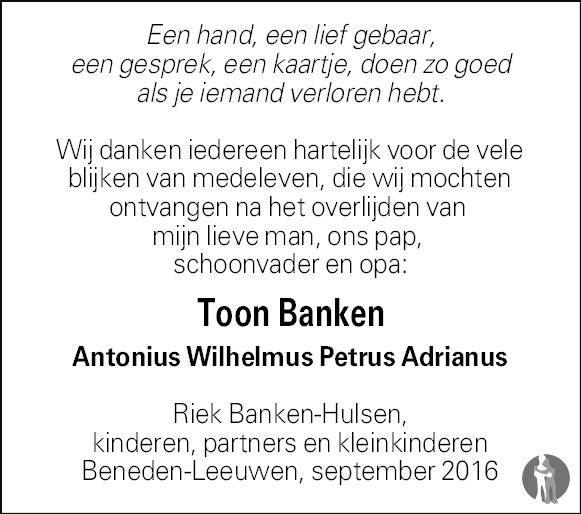 Overlijdensbericht van Antonius Wilhelmus Petrus Adrianus (Toon) Banken in De Maas en Waalkanter