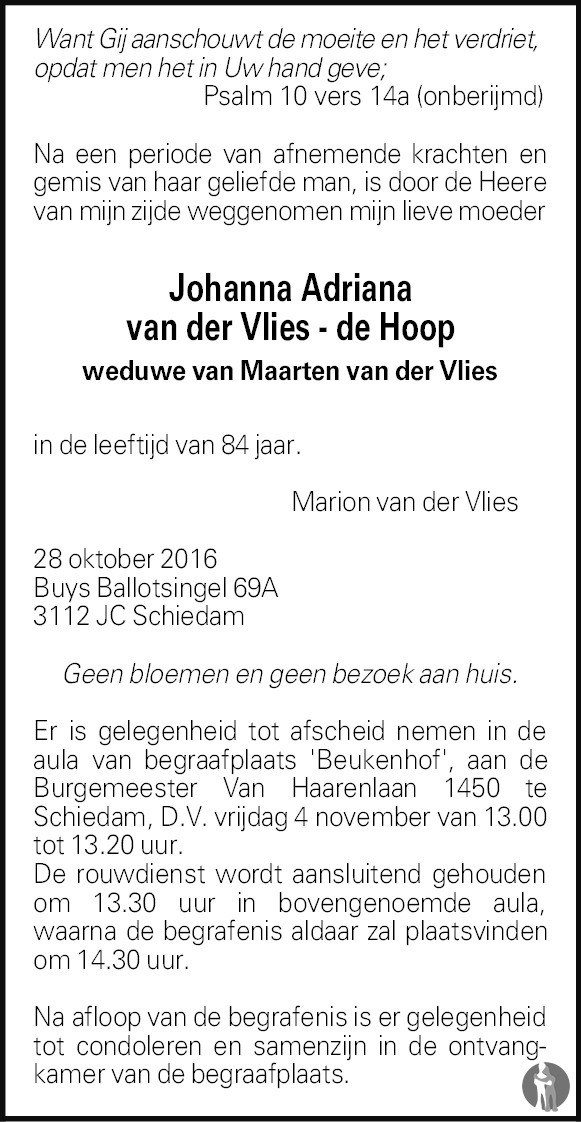 Johanna Adriana van der Vlies - de Hoop 28-10-2016 overlijdensbericht ...