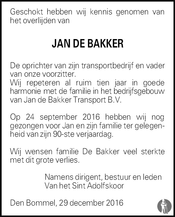 Jan de Bakker 29-12-2016 overlijdensbericht en condoleances - Mensenlinq.nl