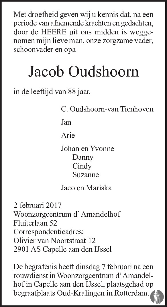 Jacob Oudshoorn 02022017 overlijdensbericht en condoleances