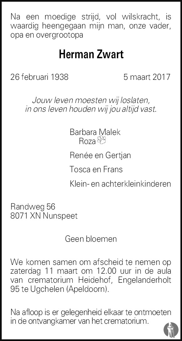 Iedereen vos Moedig aan Herman Zwart ✝ 05-03-2017 overlijdensbericht en condoleances - Mensenlinq.nl