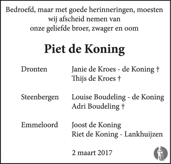 Pieter De Koning 02-03-2017 Overlijdensbericht En Condoleances ...