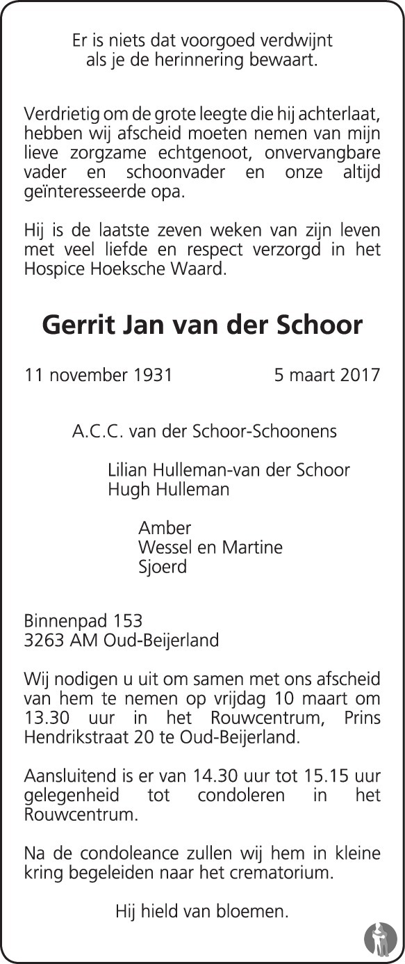 Gerrit Jan van der Schoor 05032017 overlijdensbericht en condoleances