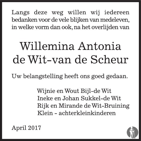 Overlijdensbericht van Willemina Antonia de Wit - van de Scheur in Rhenense Betuwse Courant