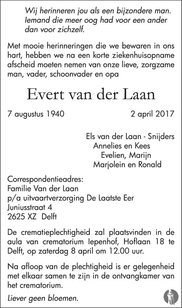 Evert van der Laan 02-04-2017 overlijdensbericht en condoleances ...