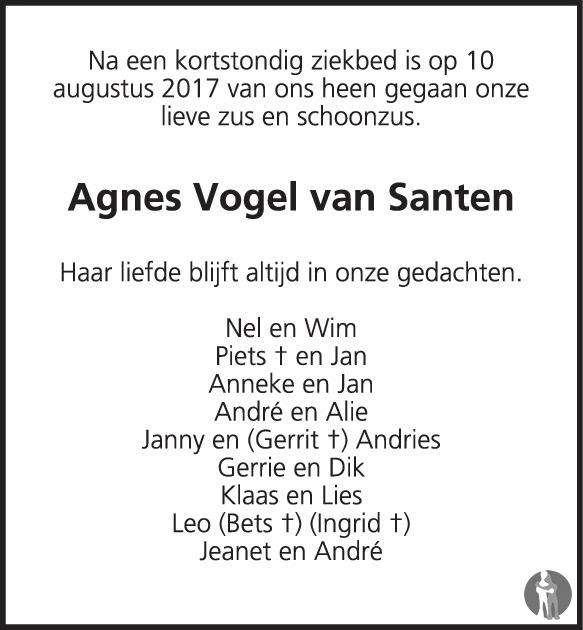 Agnes Vogel van Santen 10082017 overlijdensbericht en condoleances
