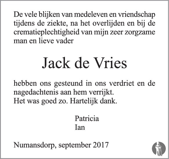 Jack de Vries 21092017 overlijdensbericht en condoleances Mensenlinq.nl