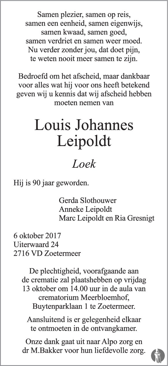 Louis Johannes (Loek) Leipoldt 06102017 overlijdensbericht en