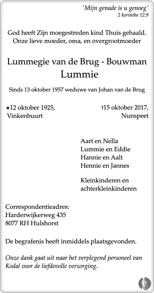 Overlijdensbericht van Lummegie (Lummie) van de Brug - Bouwman in Huis aan Huis Elburg Oldebroek Nunspeet