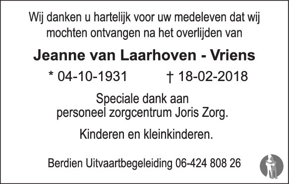 Overlijdensbericht van Jeanne van Laarhoven - Vriens in Oirschots Weekjournaal