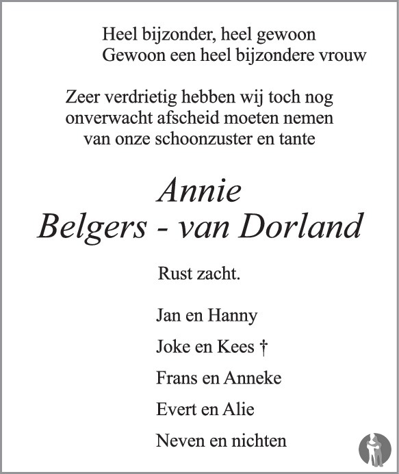 Overlijdensbericht van Annie Belgers - van Dorland in de Zakengids Tiel woensdag