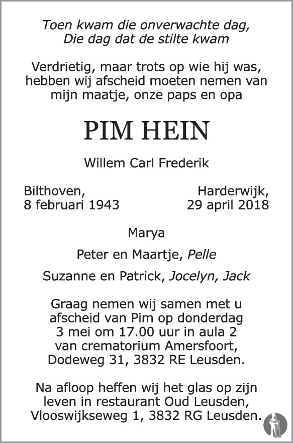 Overlijdensbericht van Willem Carl Frederik (Pim) Hein in Harderwijker Courant