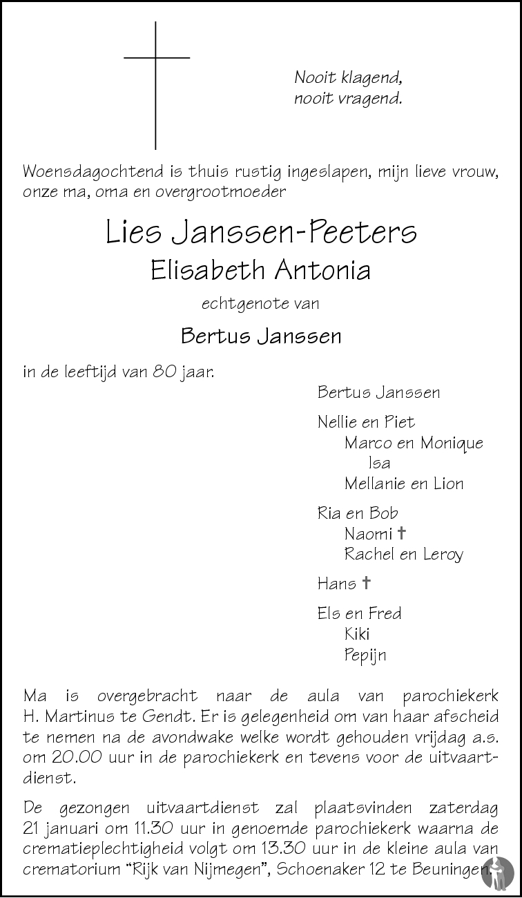 Elisabeth Antonia (Lies) Janssen - Peeters 18-01-2006