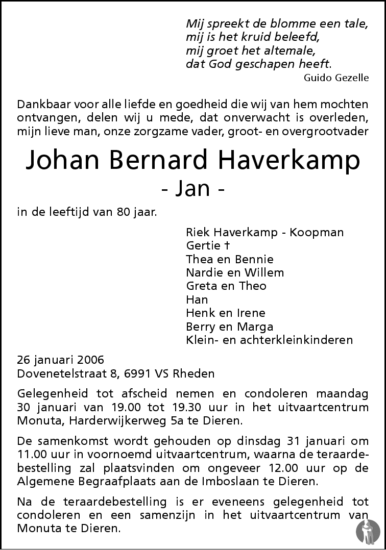 Johan Bernard (Jan) Haverkamp 26-01-2006 overlijdensbericht en ...