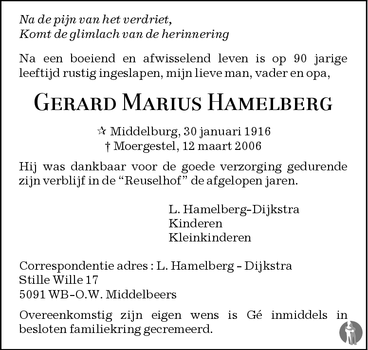 Overlijdensbericht van Gerard Marius Hamelberg in Brabants Dagblad