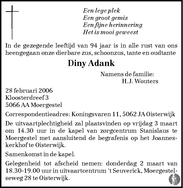 Overlijdensbericht van Diny Adank in BN DeStem