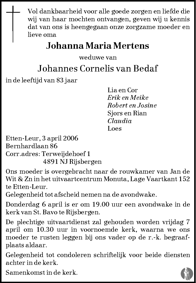 Johanna Maria van Bedaf - Mertens 03-04-2006 overlijdensbericht en ...