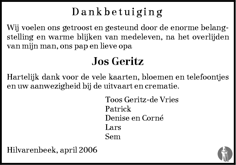 Jozef Maria (Jos) Geritz 21022006 overlijdensbericht en condoleances