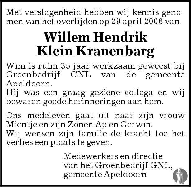 Willem Hendrik Klein Kranenbarg 29-04-2006 overlijdensbericht en ...