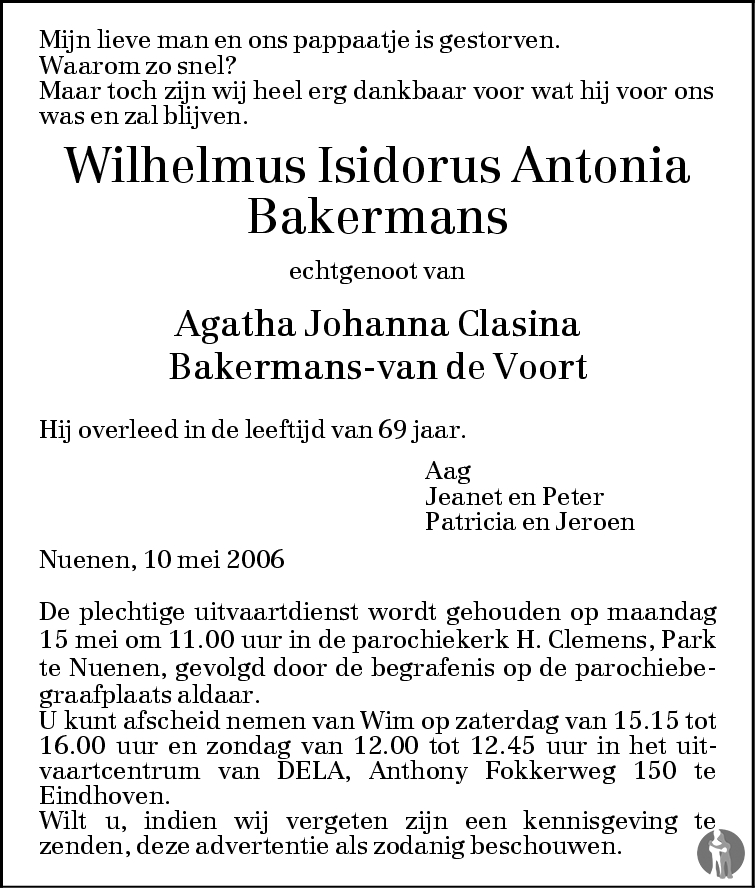 Overlijdensbericht van Wilhelmus Isidorus Antonia Bakermans in Eindhovens Dagblad