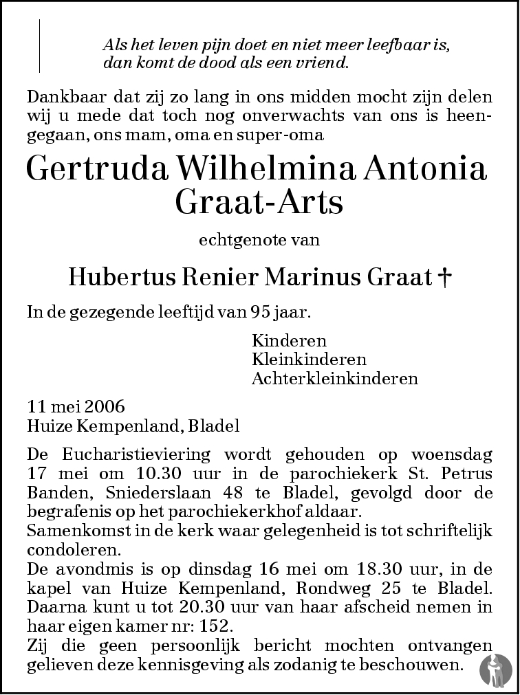 Overlijdensbericht van Gertruda Wilhelmina Antonia Graat - Arts in Eindhovens Dagblad