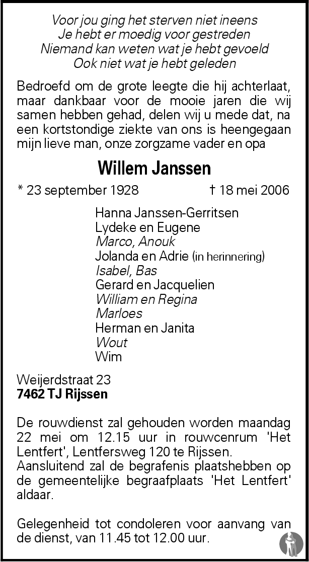 Willem Janssen 18-05-2006 overlijdensbericht en condoleances ...