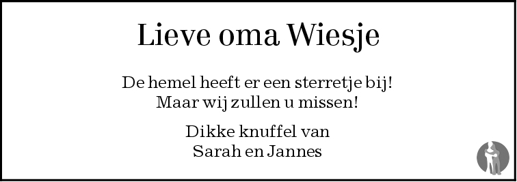Overlijdensbericht van Louisa Johanna Francisca Maria (Wies) van de Wouw - van der Sande in Brabants Dagblad