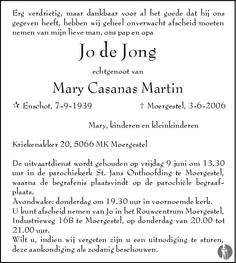 Overlijdensbericht van Jo de Jong in Brabants Dagblad