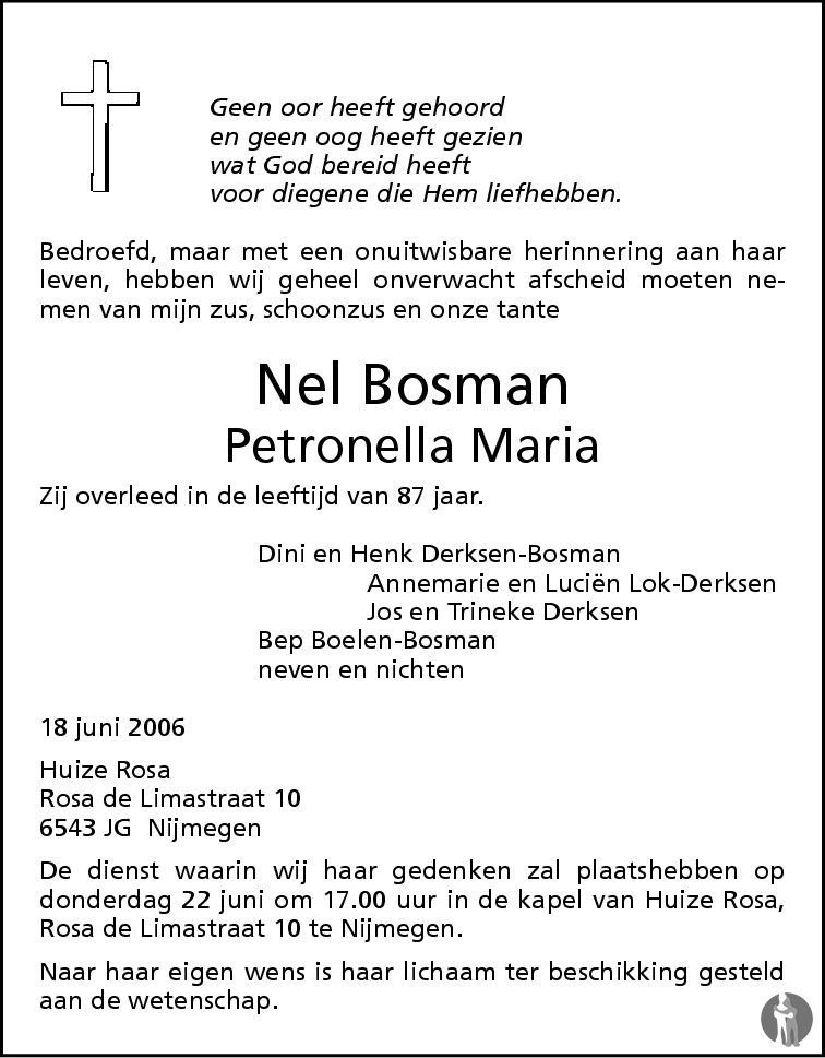 Overlijdensbericht van Petronella Maria (Nel) Bosman in de Gelderlander