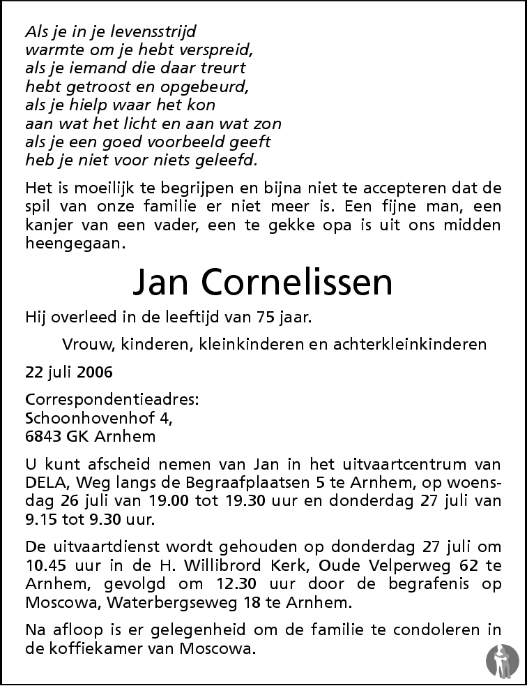 Jan Cornelissen 22-07-2006 overlijdensbericht en condoleances ...